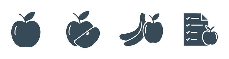Healthy Food Apple, Banana, and Diet Plan Solid Icon set. illustration of Nutrition and Wellness vector