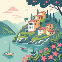 a colorful illustration of a village on the coast vector