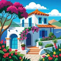 illustration of a house on the beach with flowers and trees vector