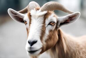 A goat with big horns and a long face photo