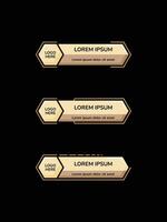 Gold and brown lower third banner templates with hexagonal logo placeholders, elegant gradients, and modern design elements. Ideal for overlays, live streaming, or broadcast graphics. vector