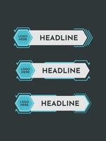 Futuristic lower third banner design with hexagonal logo placeholder and bold headline text, featuring blue and white color scheme on a dark background. vector