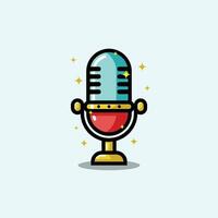 Colorful retro microphone with a gold stand, glowing sparkles, and a modern flat design on a light background. vector