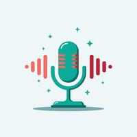 A modern flat design of a microphone with sound waves, symbolizing podcasting, voice recording, and audio production. vector