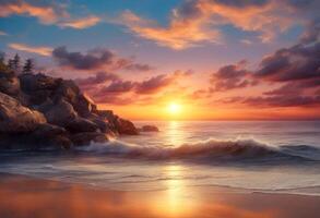 the oil light digital travel sea ai ocean painting beautiful sunrise landscape nature generate sunset horizon view photo