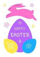 Happy Easter greeting card with pink rabbit and eggs silhouettes on white background. vector