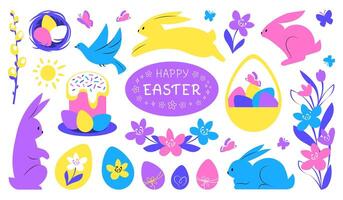 Collection of colorful easter cartoon characters and spring decorative elements - bunnies, eggs, blooming flowers isolated on white background. vector