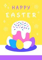 Happy Easter greeting card with Easter cake and colored eggs on yellow background vector