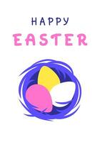 Easter greeting card, easter eggs in nest, flat illustration in minimalist style vector