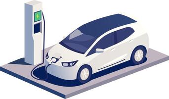 Isometric 3D illustration of a white electric car connected to a charging station with a blue roof and display screen on a simple platform vector