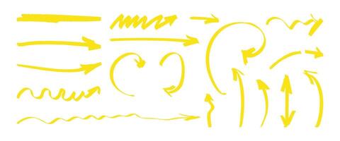 A set of yellow arrows with varying thicknesses and styles. The arrows are scattered across the image, with some pointing upwards and others pointing downwards. Scene is playful and whimsical vector