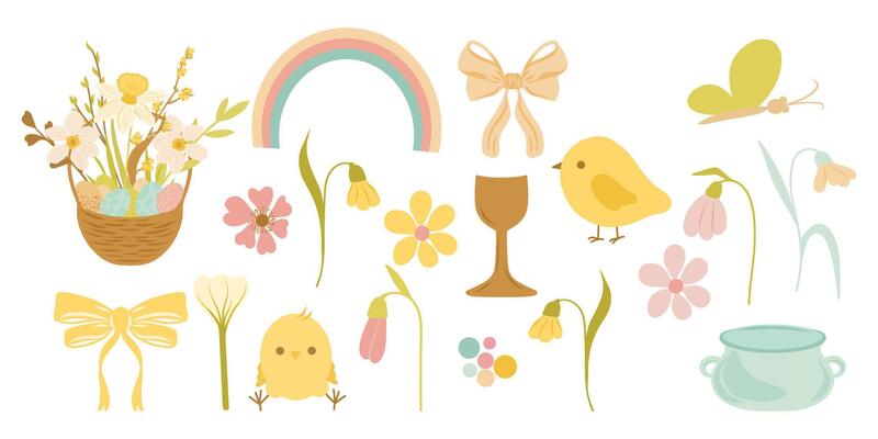 Spring clipart, Cute Easter set of elements. Basket full of flowers, rainbow, bowed tie bird, chicken, butterfly. Spring set for poster, card, scrapbooking, stickers.