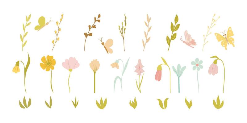Collection of spring colorful flower elements . Set floral of wildflower, leaf branch, foliage. Hand drawn blossom illustration for decor, easter, sticker, clipart, print.