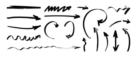 A collection of black arrows with varying shapes and sizes. Some are curved, some are straight, and some are wavy. The arrows are scattered across the image, with some overlapping each other vector