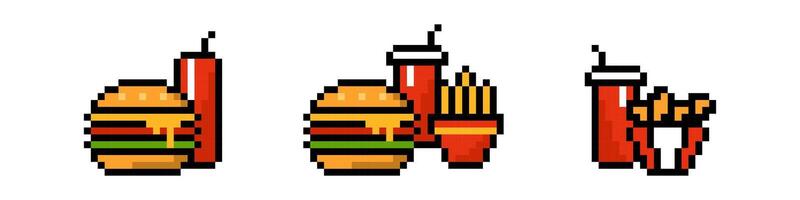 Pixel fast food set. Appetizing 8 bit hamburger and soda with french fries and chicken wings for hearty snack vector