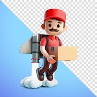 Delivery man flying with jetpack while holding cardboard, 3d. Suitable for business and design elements vector