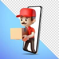 Delivery man comes out of smart phone screen and delivers parcel box, 3d . Suitable for business and design elements vector