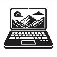 Laptop computer icon with mountains and clouds illustration vector