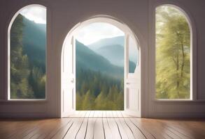 and landscape floor wood panorama created panoramic nature sunlight arc ai technology natural view background scene podium white template indoor hard mountains door forest tree serene plant photo
