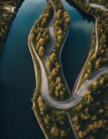 view bird surroundings text road eye concept overhead background sweden photography curvy trees summer aerial space sea taken water next generative lake s place travel ai tree drone photo