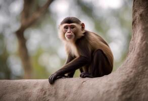monkey playing baby wildlife panorama capuchin text forest rainforest space company tree logo beast mammal nature photo