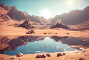 planet reflection desert beach sky mountain landscape alien lake illustration water morning cloud photo