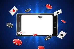 Online poker tournament background design with a mobile phone. Poker banner with chips and playing card vector