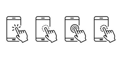 Action on mobile phone display outline icon set. Hand swipe on smartphone linear pictogram. Finger move gesture line on cell phone touch screen icon. vector