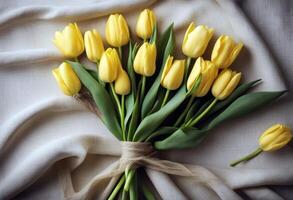 day background fabric linen birthday flat arrangement view lay tulips mother's greeting yellow style light top minimalist card template Vertical Pattern Texture Design Flowers Summer photo