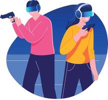 Persons playing shooting game using vr technology, flat illustration vector