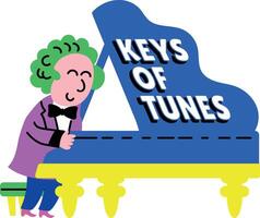 A flat style sticker of piano player with keys of tunes typography vector