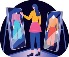 A flat style illustration of a character standing in front of tech screens depicting digital fashion vector