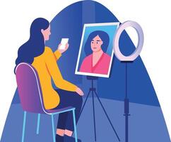 A flat style illustration of a girl doing makeup tutorial vector