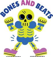 A flat style sticker of dancing skeleton with bones and beats typography vector