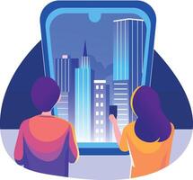 A flat style illustration of two characters watching vr city vector