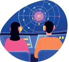 A flat style illustration of two character monitoring atomic collision vector