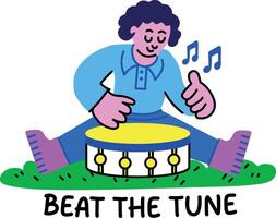 Drumbeat character with beat the tune typography, flat style sticker vector