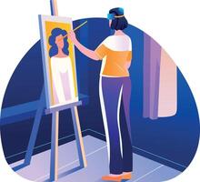Character drawing on canvas using vr painting technology, flat illustration vector