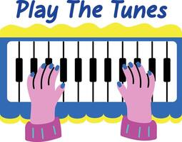 A flat style sticker of piano keyboard with play the tunes typography vector