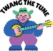 A flat style sticker of banjo player with twang the tune typography vector