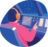 A flat style illustration of character pressing buttons in pilot cockpit vector
