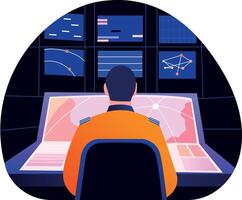 A flat style illustration of a character doing ar analyzing on an advanced system vector