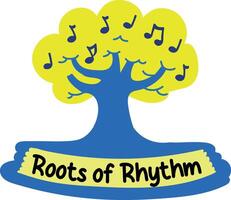 A flat style sticker of musical tree with roots of rhythm typography vector
