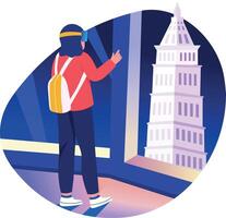 A flat style illustration of a character doing vr travel experience vector