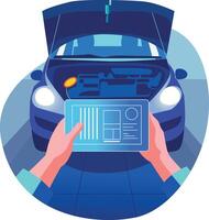 Person doing car diagnosis using ai technology, flat illustration vector