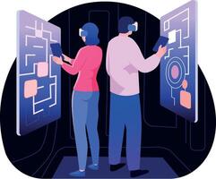 A flat style illustration of two characters playing escape room game vector