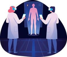 A flat illustration depicting doctors interaction with medical diagnosis technology vector