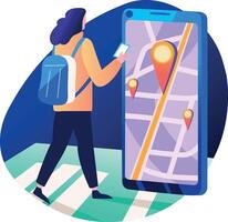 A flat style illustration of a character using online navigation app vector
