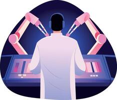 A flat style illustration of a doctor taking help from ar surgery robots vector