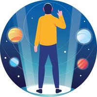 A flat style illustration of a character doing space exploration through vr technology vector